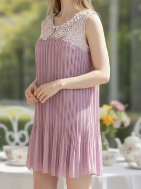 Pretty Angel Lavender Silk Blend Lace Yoke Pleated Dress